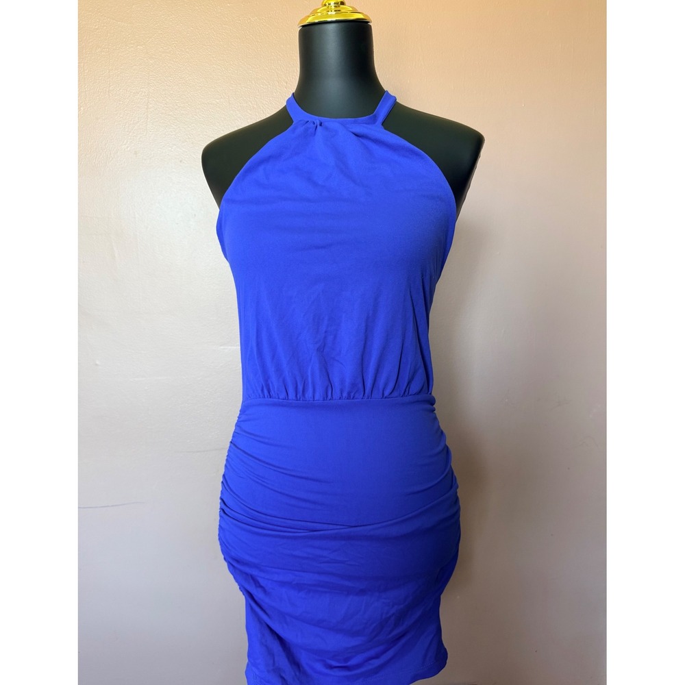 Anthropologie Susana Monaco Halter Dress Womens XS Blue Ruched Bodycon Mini
